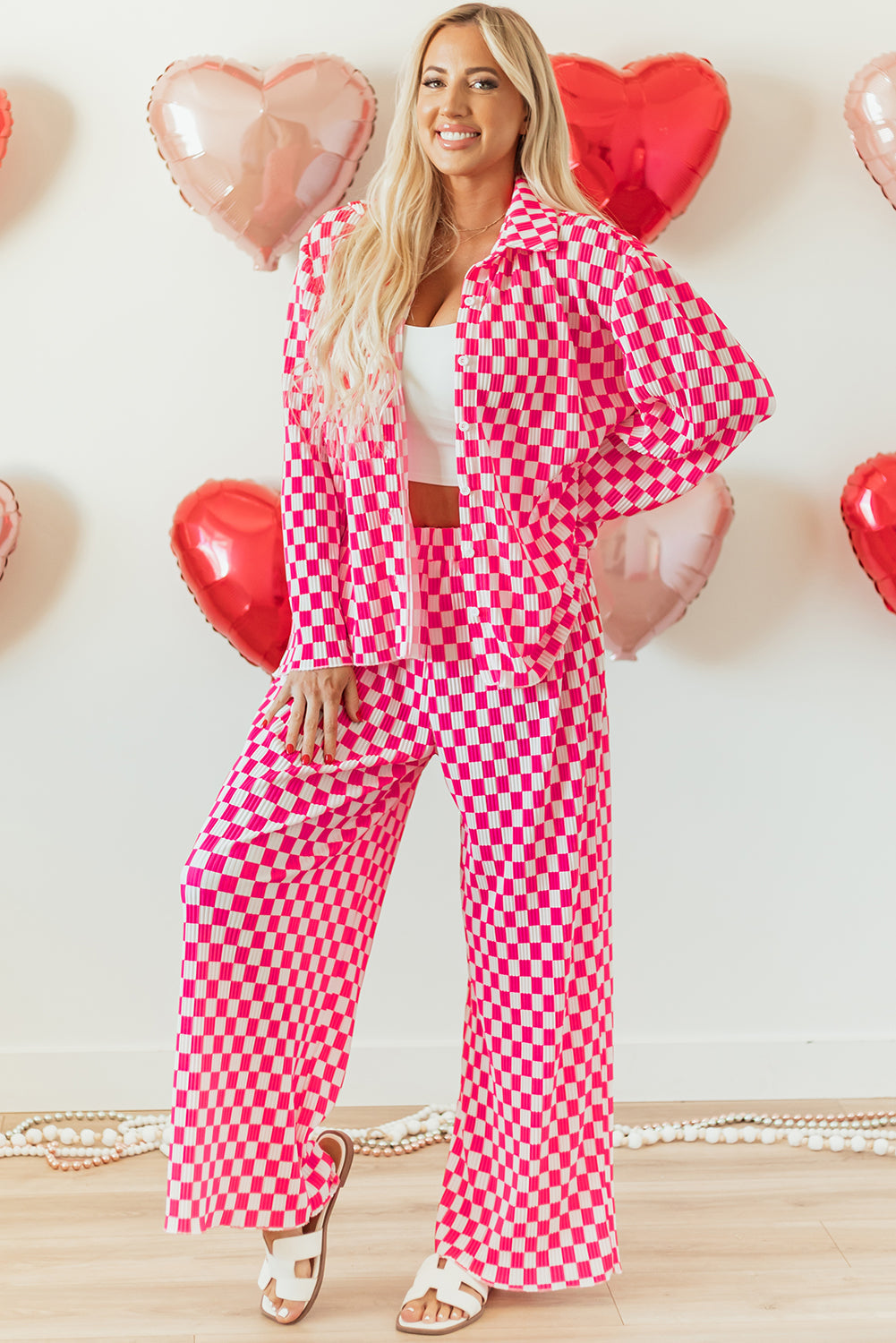 Checkered and Button-Front Shirt High-Waisted Pants Pajama Set in Pink