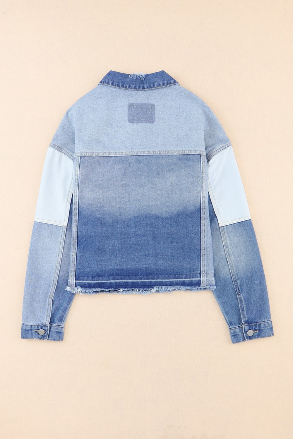 Women's Jacket Featuring Color-Block Denim Patchwork Frayed Hem