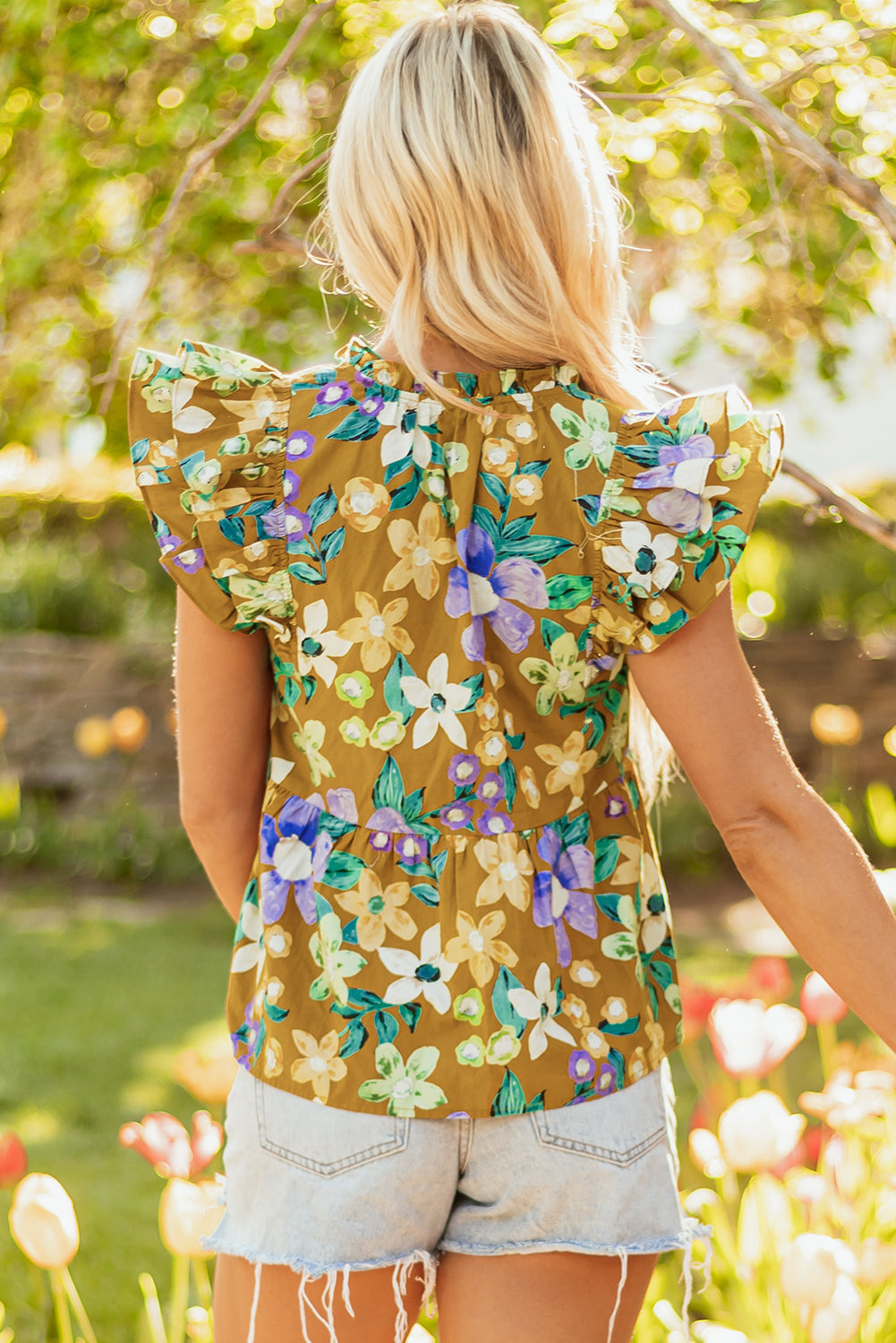 Floral-Print Sleeve Tiered Flutter V-Neck Top