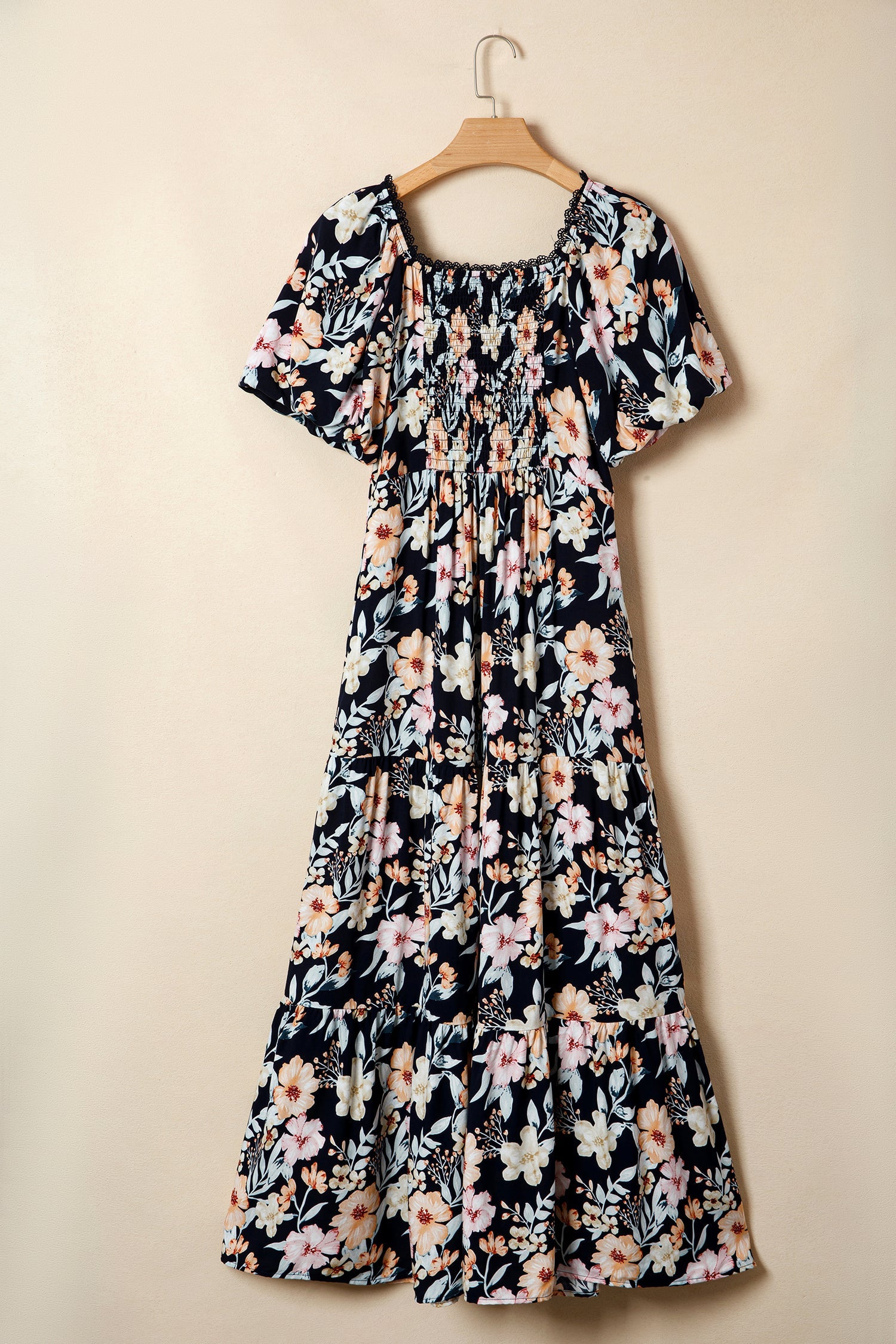 Short-Sleeved High-Waisted Smocked Detail Floral Maxi Dress