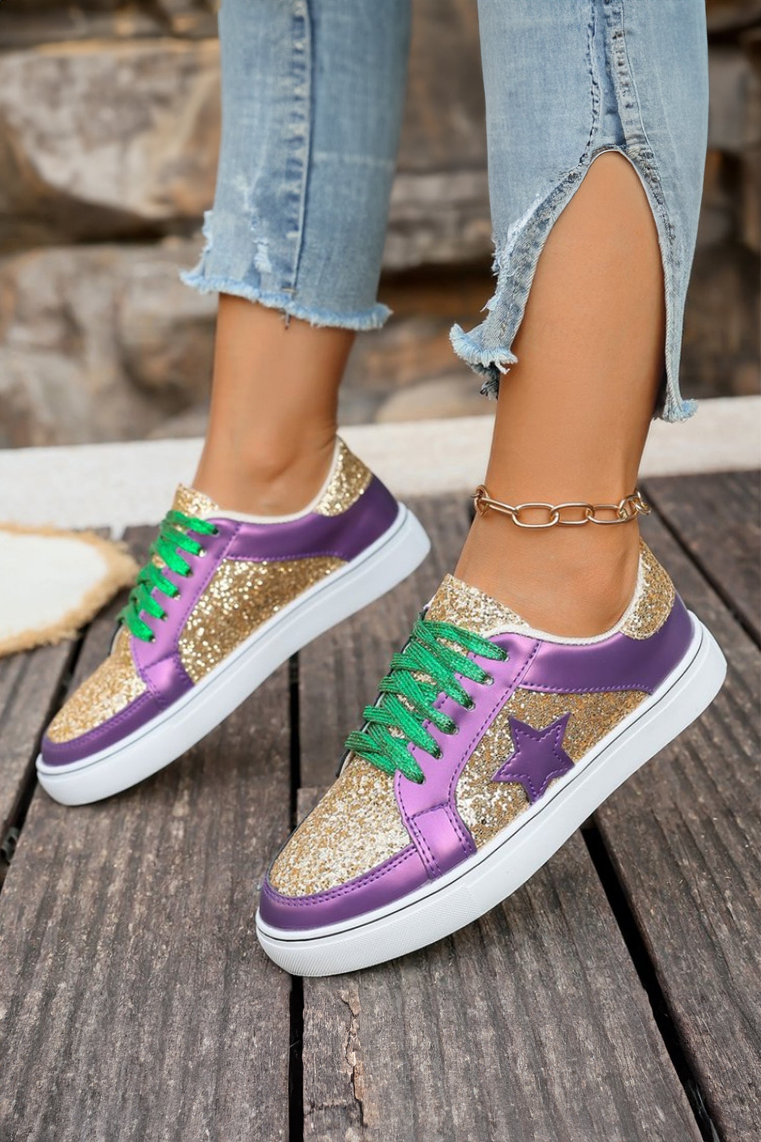 Dearlove Patchwork Glitter Star PU Leather Lace-up Sneakers in Purple
