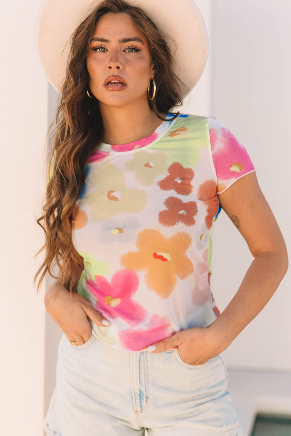 Cute Floral Mesh Lettuce Trim Cropped T Shirt