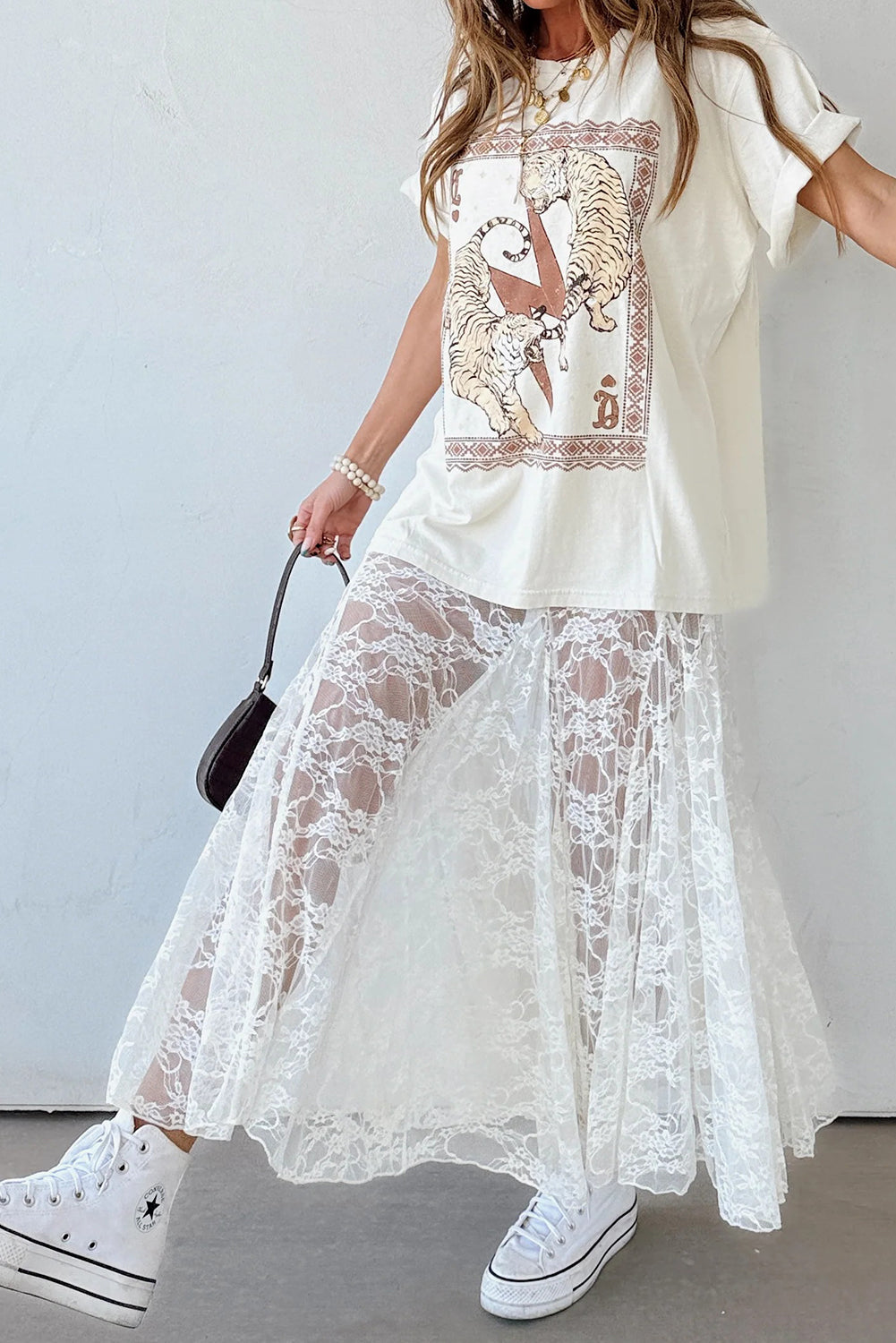 White Sheer Polished Sheer Floral Lace Flowy Maxi Skirt