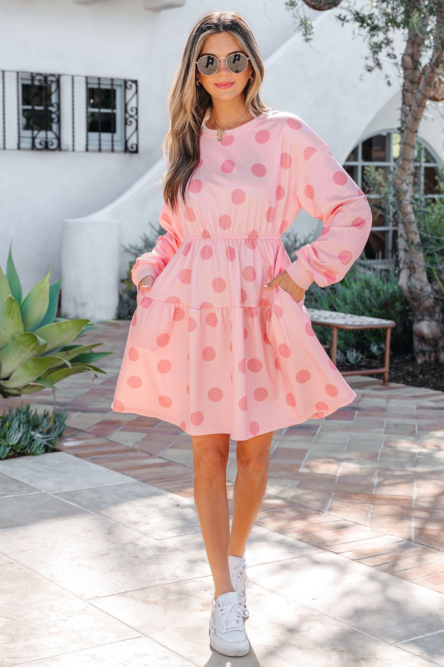 Polka-Dot Flared Printed Long-Sleeved Mini Dress in Pink