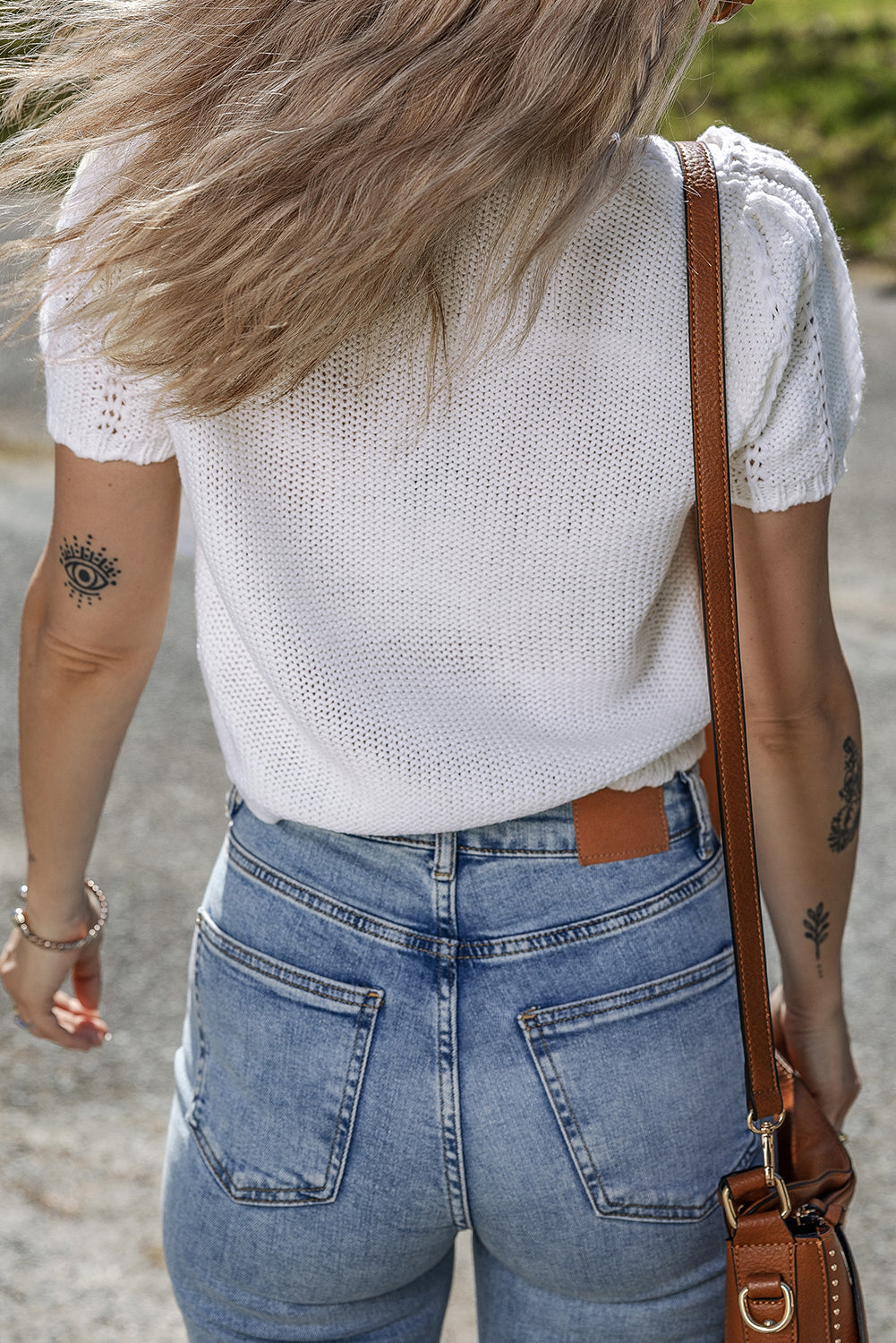 White Pointelle Knit Short Sleeve Crewneck Sweater
