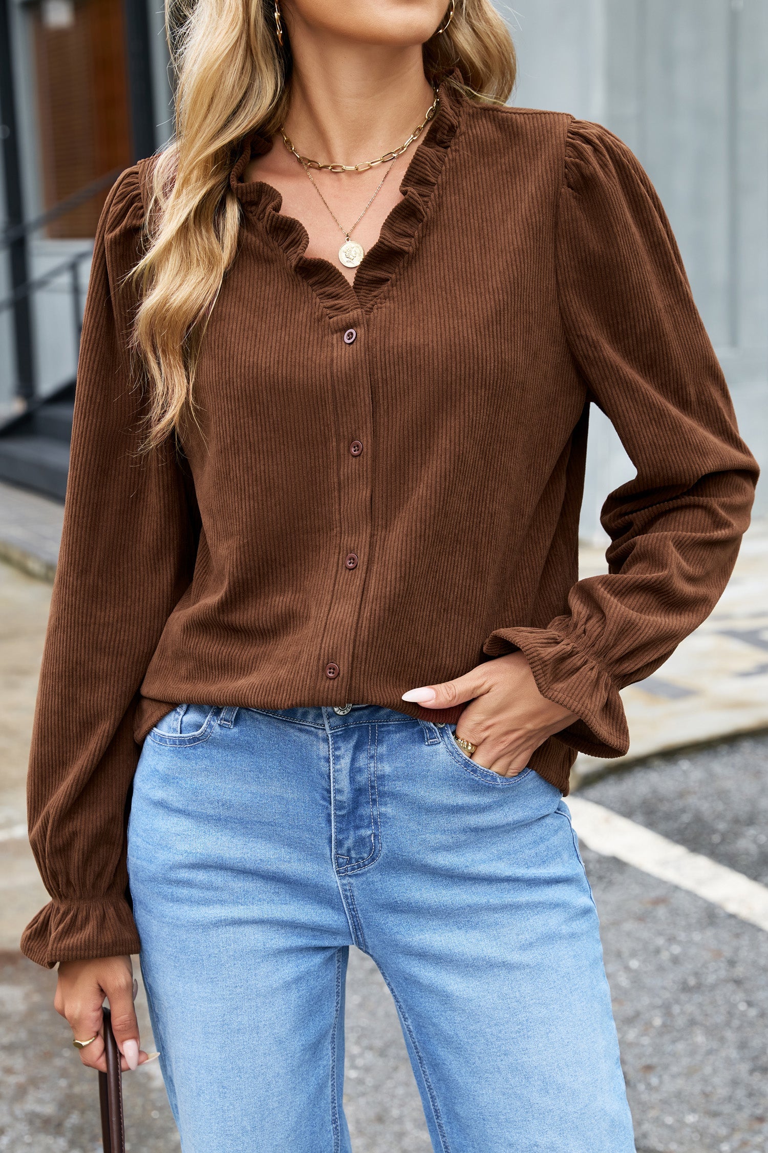Long-Sleeved Coffee Solid Button Corduroy Shakcet