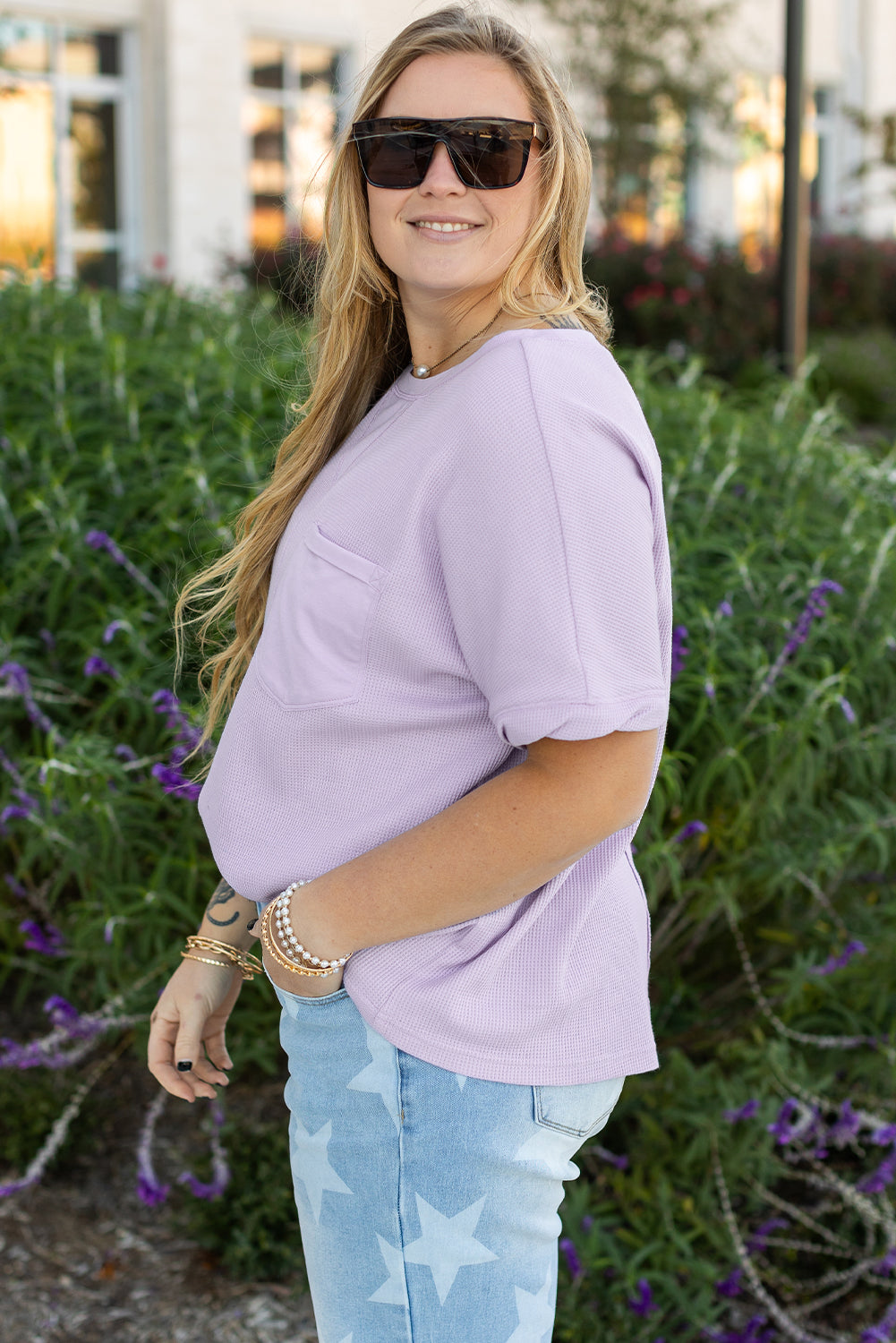 Waffle Knit Short Sleeve Patched Pocket Plus Size Top