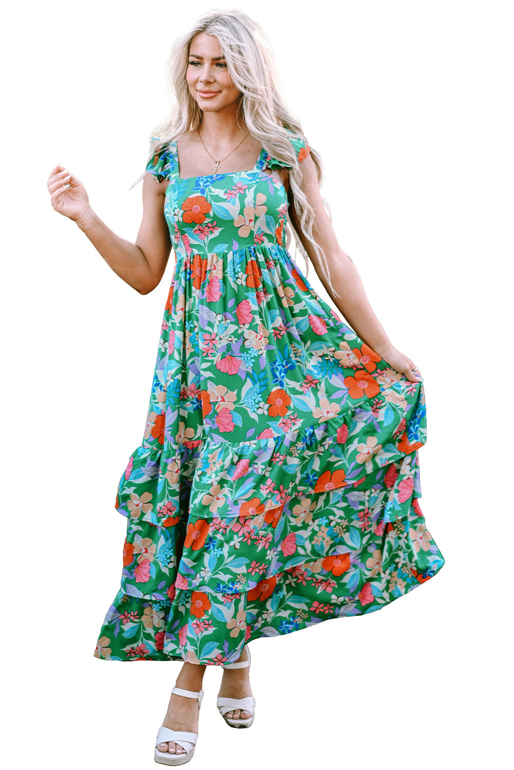 Robe longue à volants et à volants sans manches à imprimé floral vert