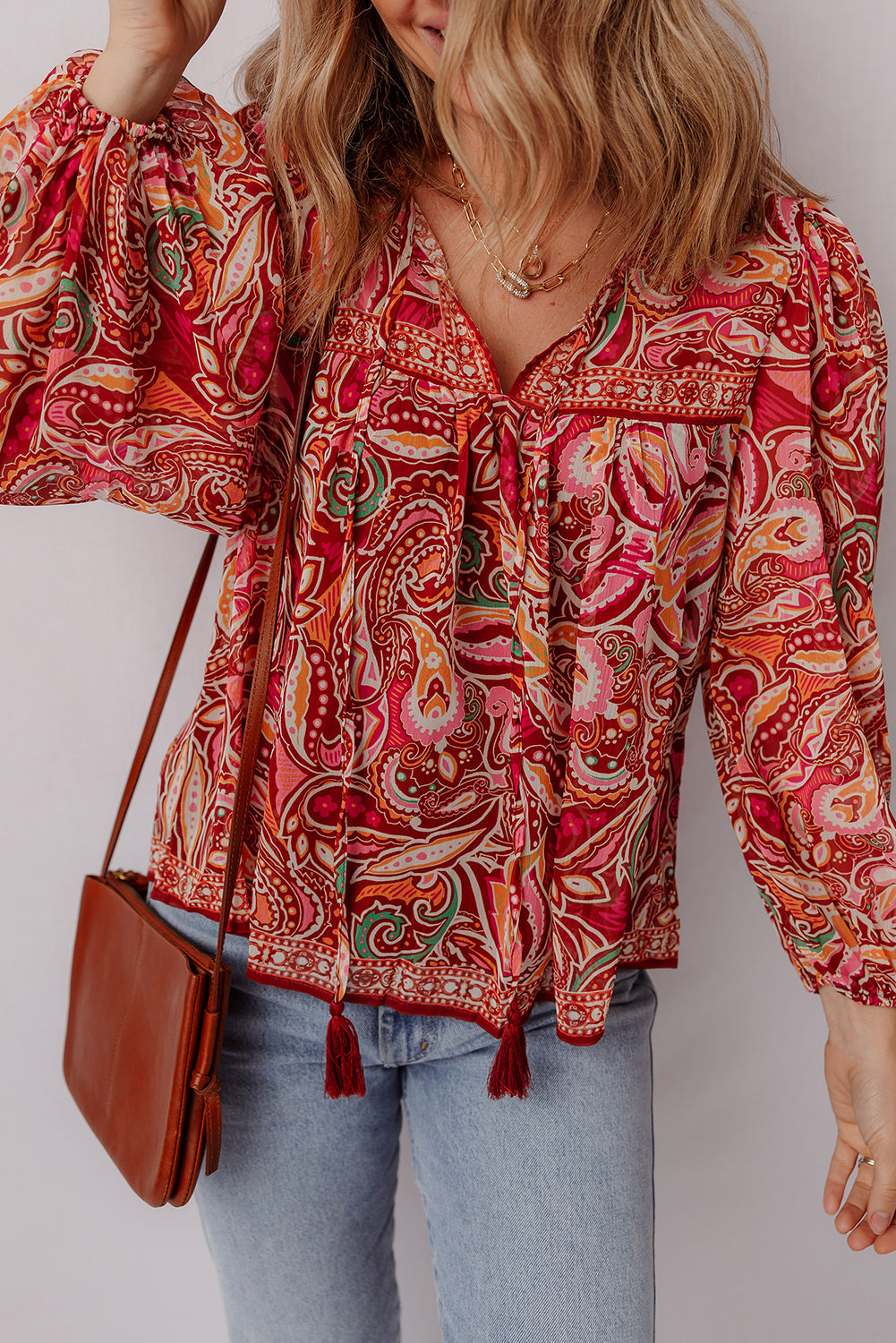 Paisley Print Ethnic Print Tassel Tie Puff Sleeve Boho Blouse