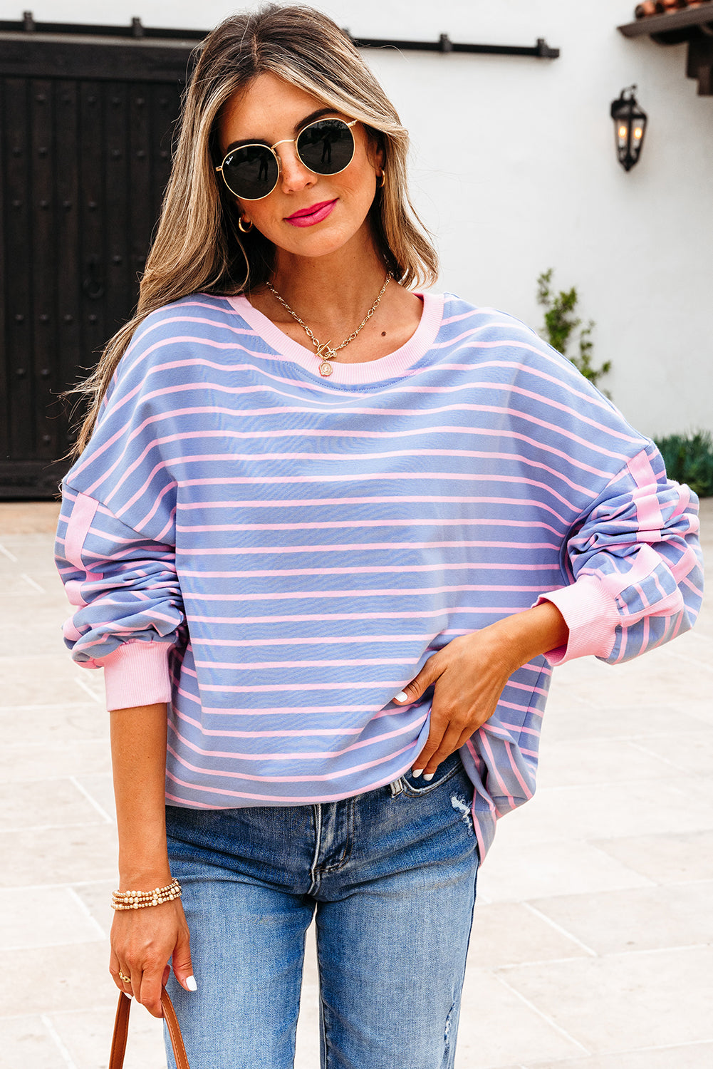 Stripe Trim Oversize Contrast Cotton Everyday Top in Sky Blue