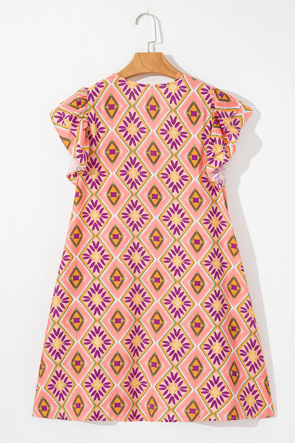 Geometric Floral V Neck Buttoned Ruffled Sleeve Mini Dress