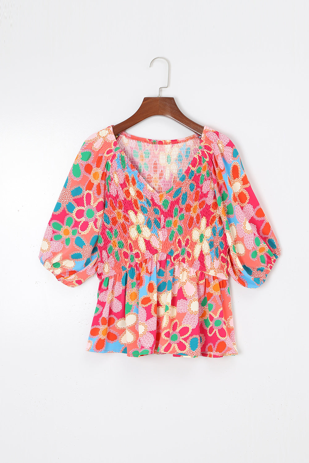 Top with Bohemian Flower Pattern Puff-Sleeve Peplum