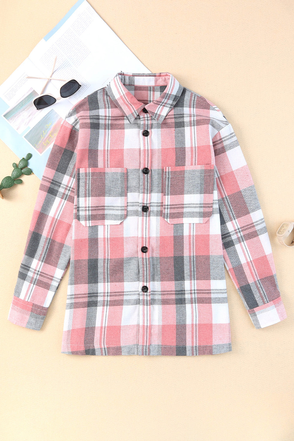 Women's Shacket with Pocket Shirt Plaid Button Up Patch