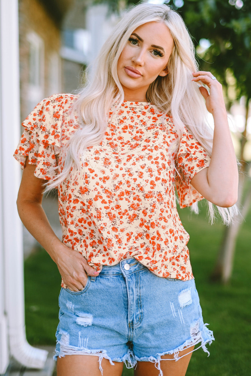 Blouse for Women Layered Flutter Sleeve Floral-Print