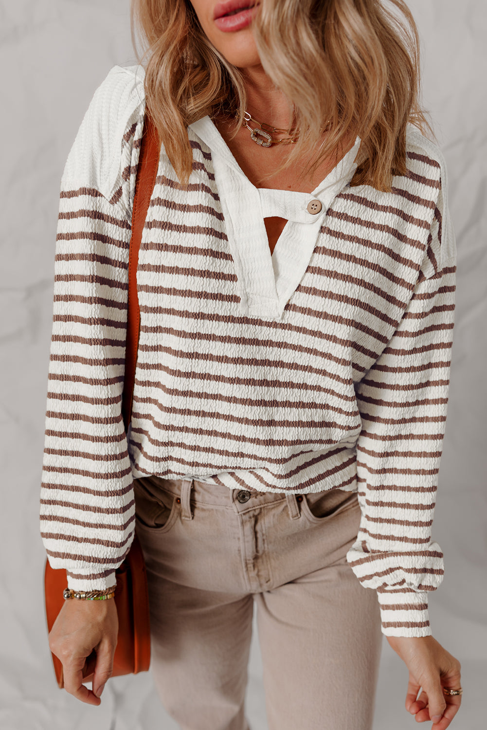 Textured Hooded V-Neck Everyday Long-Sleeved Top