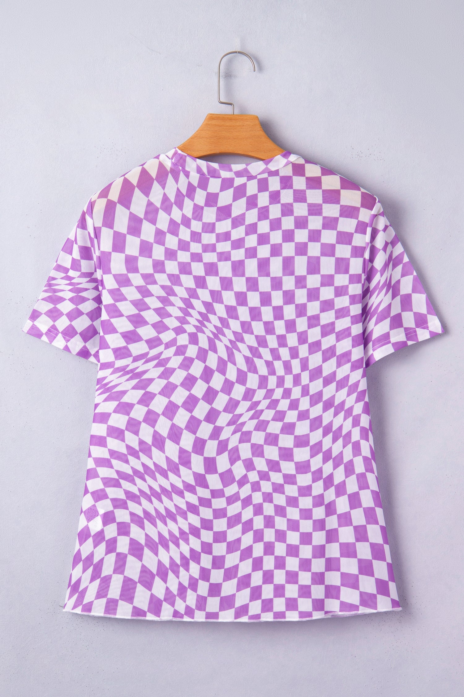 Print Crew-Neck Checkered Crew-Neck Mesh T Shirt