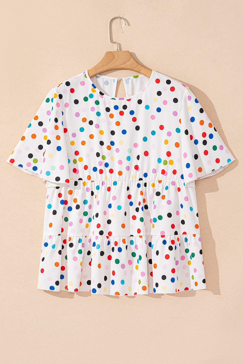 Colorful Polka Dot Short Sleeve Tiered Ruffled Babydoll Blouse