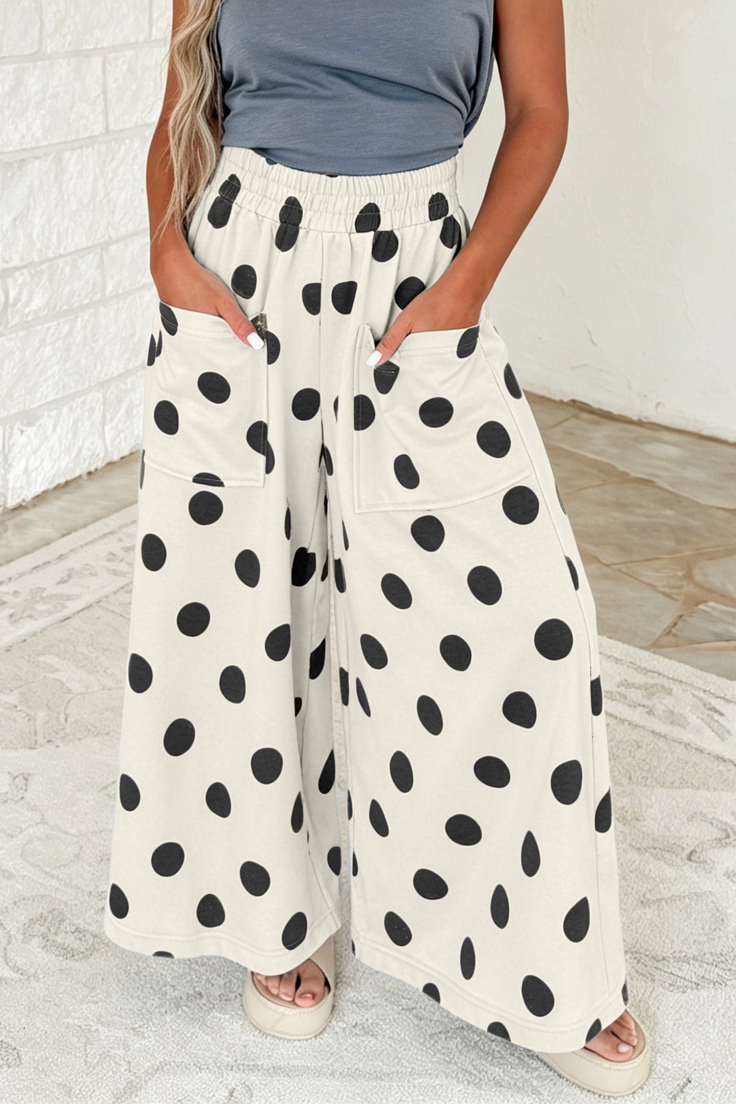 Elastic Polka-Dot Wide-Leg Waist Everyday Pants in Beige