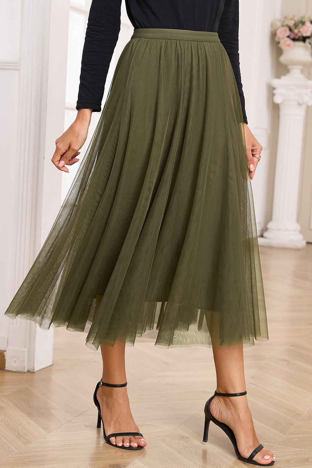 Tulle Mesh Overlay Flared Midi Skirt in Jungle Green