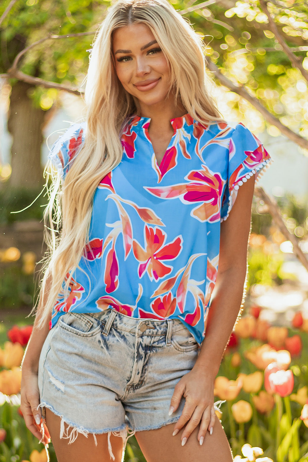 Floral-Print Trim V-Neck Pompom Flutter Sleeve Blouse