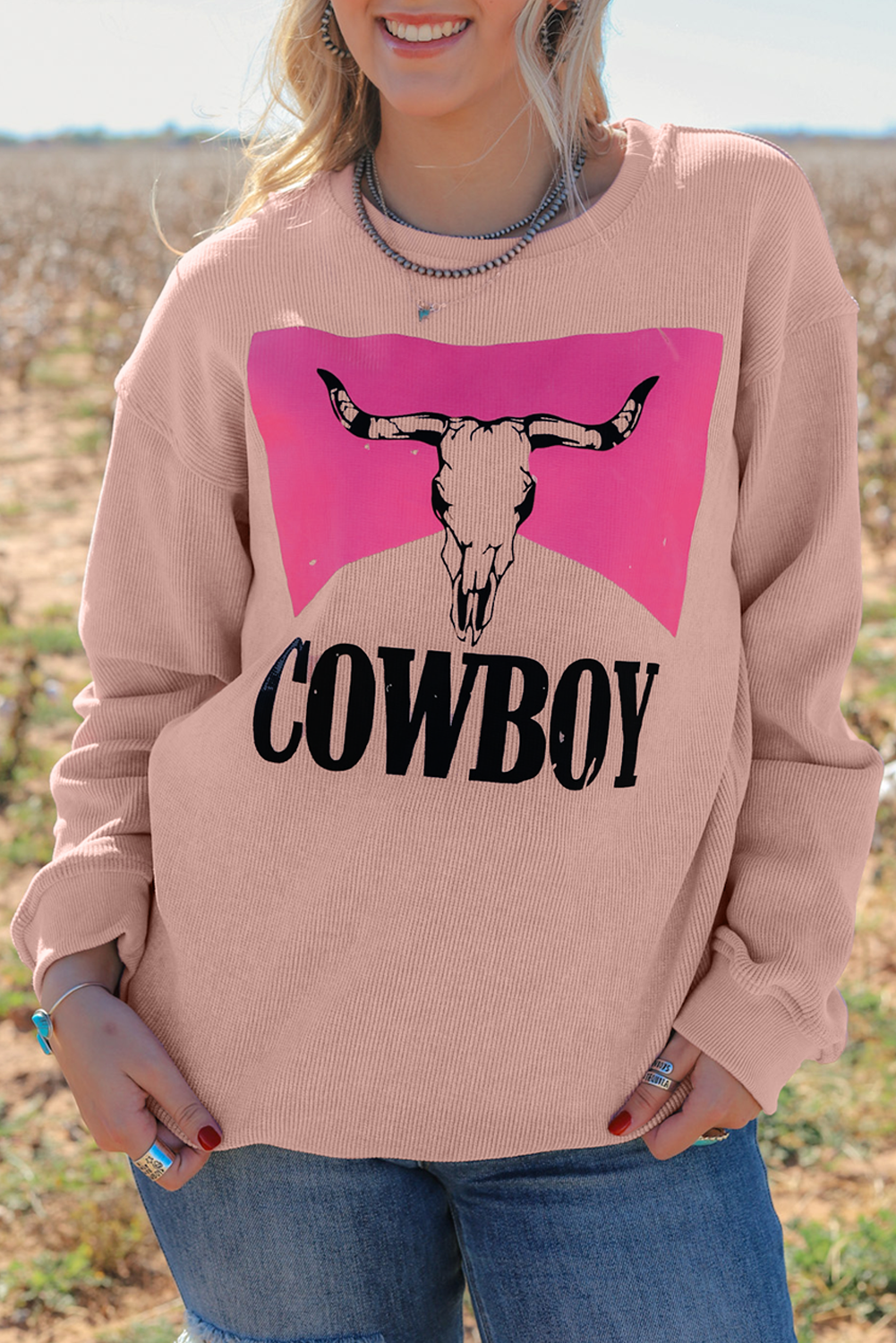 Sweat-shirt filaire à imprimé tête de boeuf et cowboy