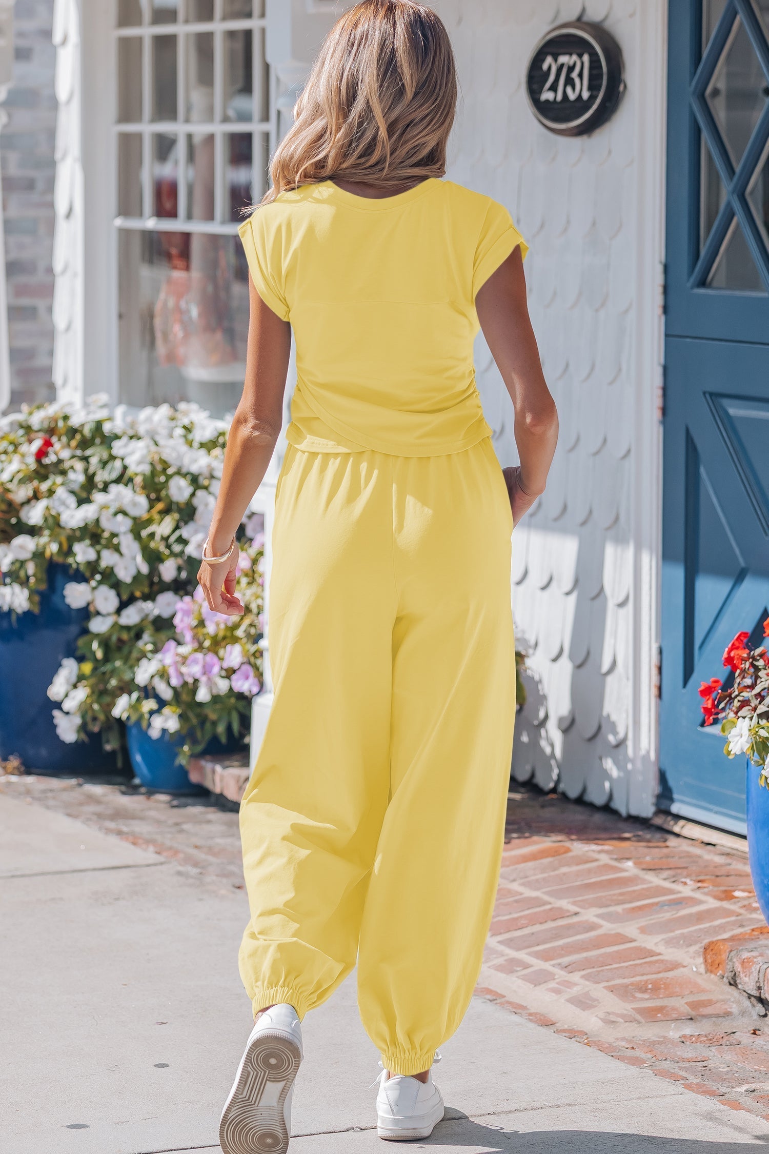 Solid Cropped Cream Cropped Tank Top and Jogger Pants Set in Yellow