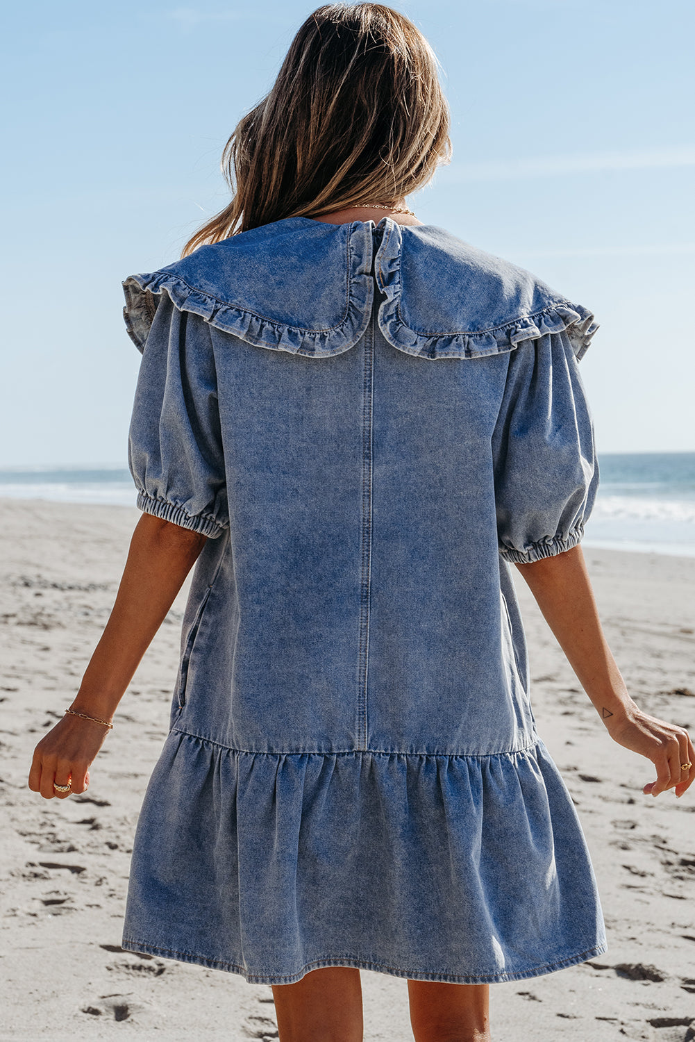 Ruffled Collared Side Pockets Denim Mini Dress