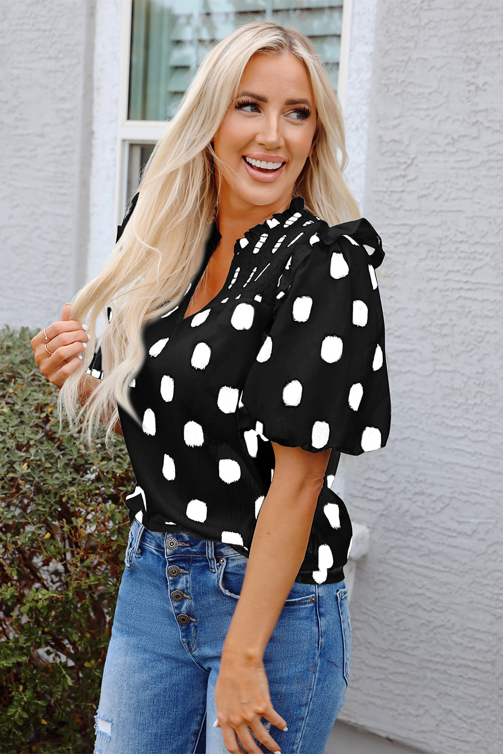 Polka Dot Print Shirred Yoke Notched Neck Blouse