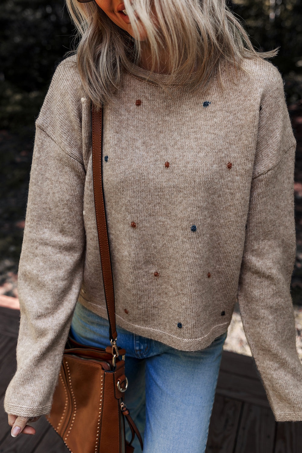 Colored Dot Contrast Dot Detail Drop-Shoulder Knit Top