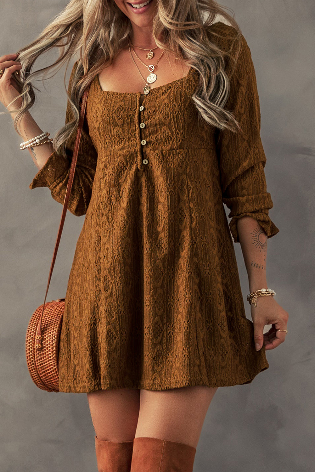 Women's Mini Dress Featuring Shift Lace-Trimmed Square Neck