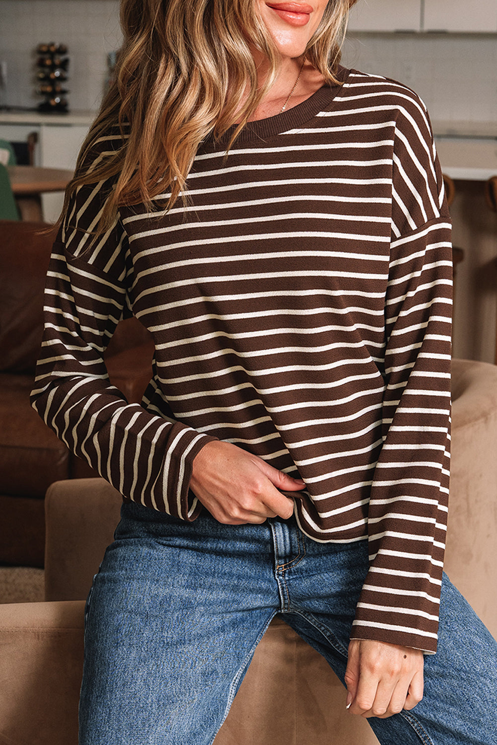 Cropped Stripe Rib-Knit Crew-Neck Long-Sleeved T Shirt in Brown