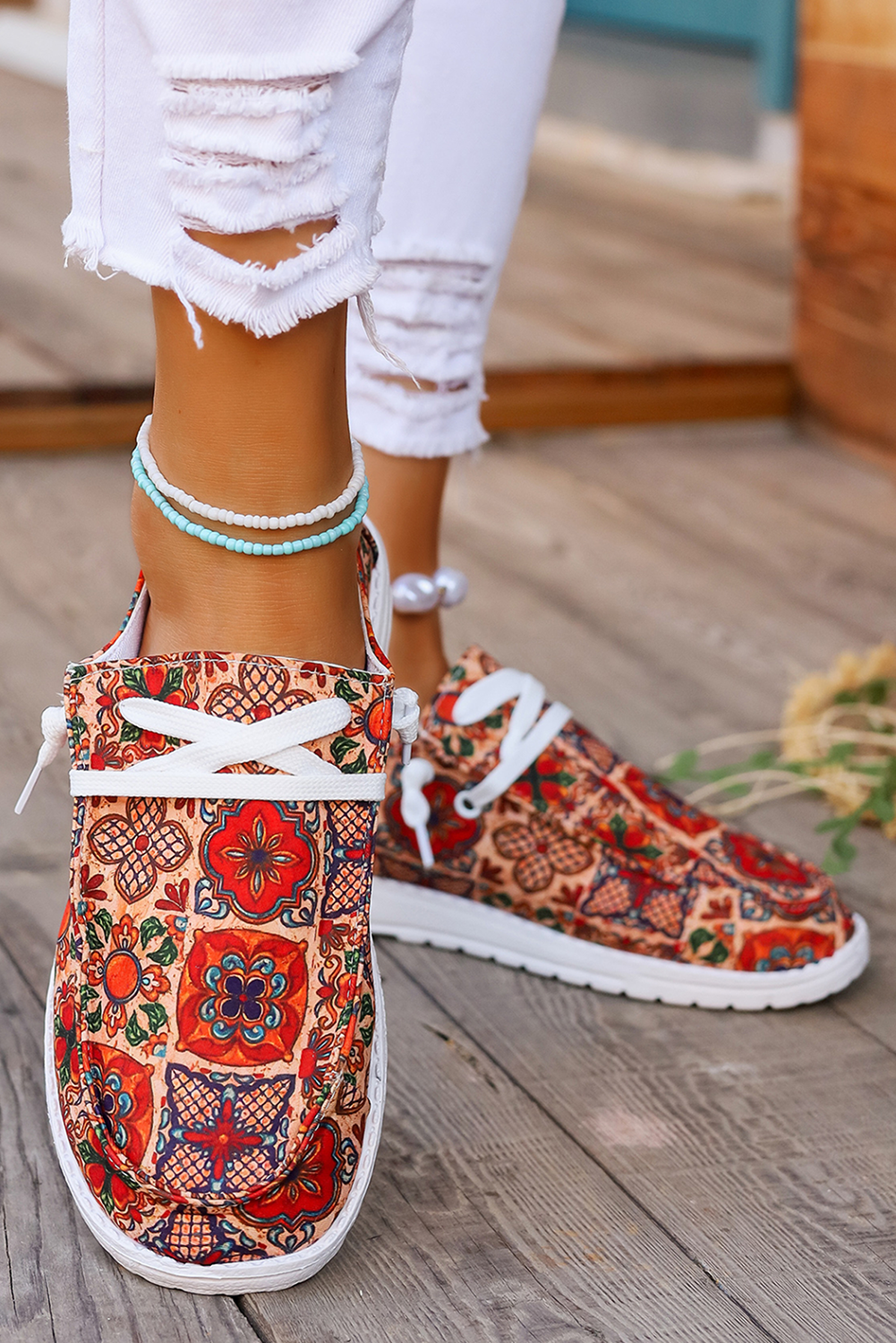 Western Printed Lacing Flat Slip On Shoes