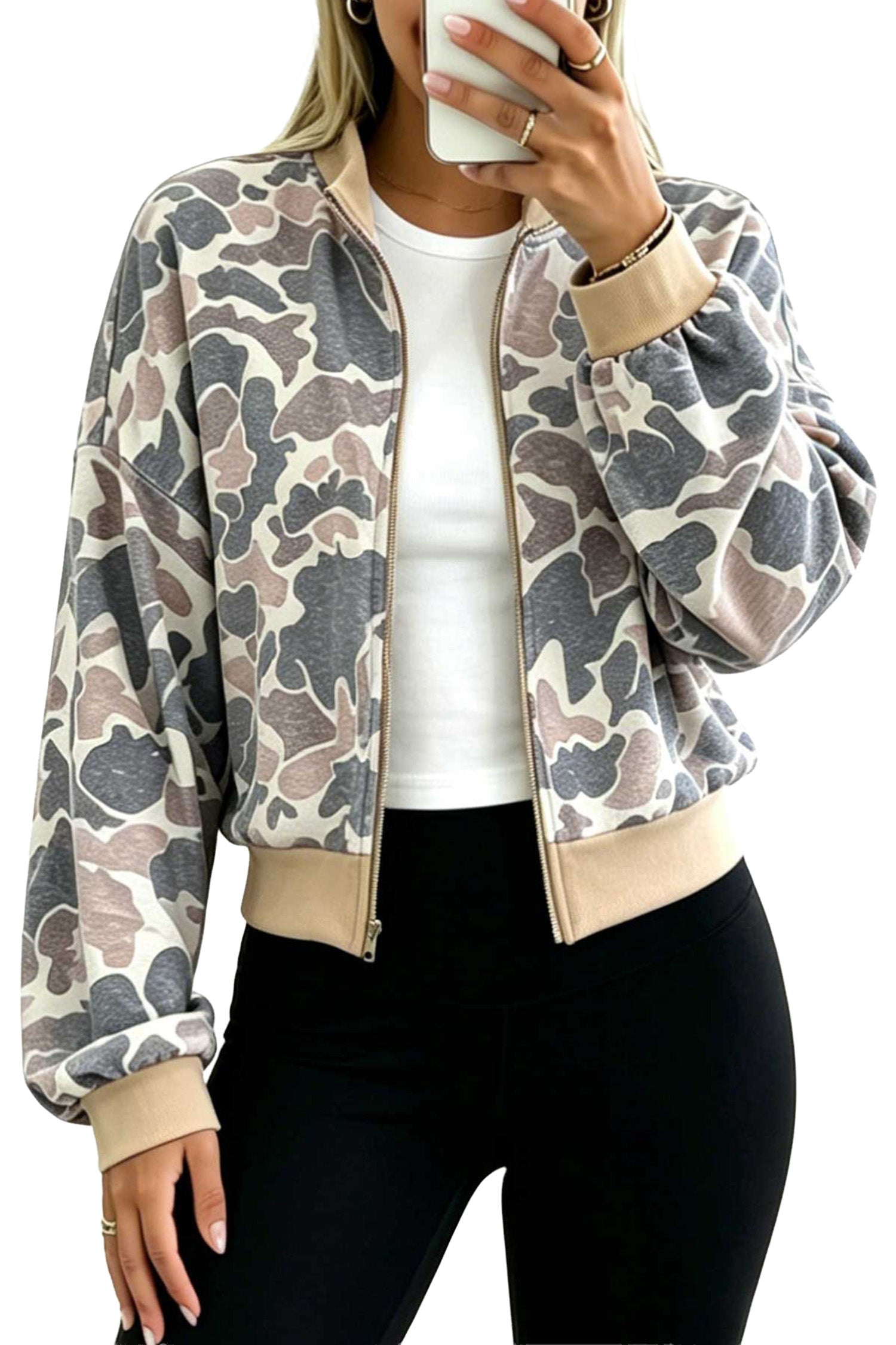 Camouflage Trim Print Colorblock Zip Bomber Sweatshirt in Multicolour