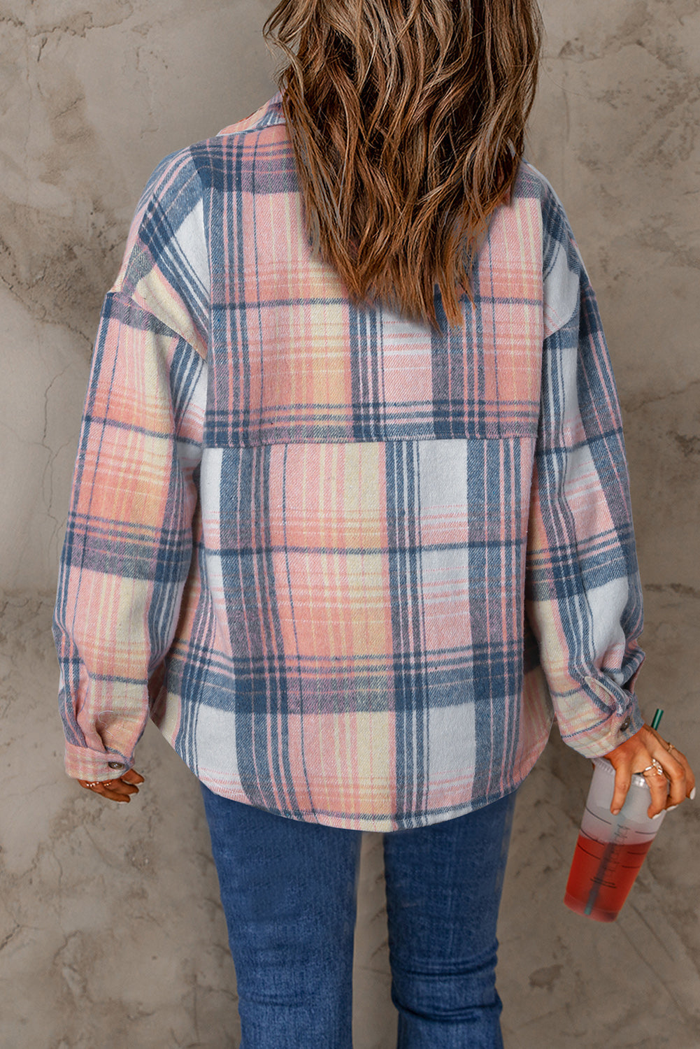 Women's Shacket Featuring Plaid Flap Pockets Pink Black