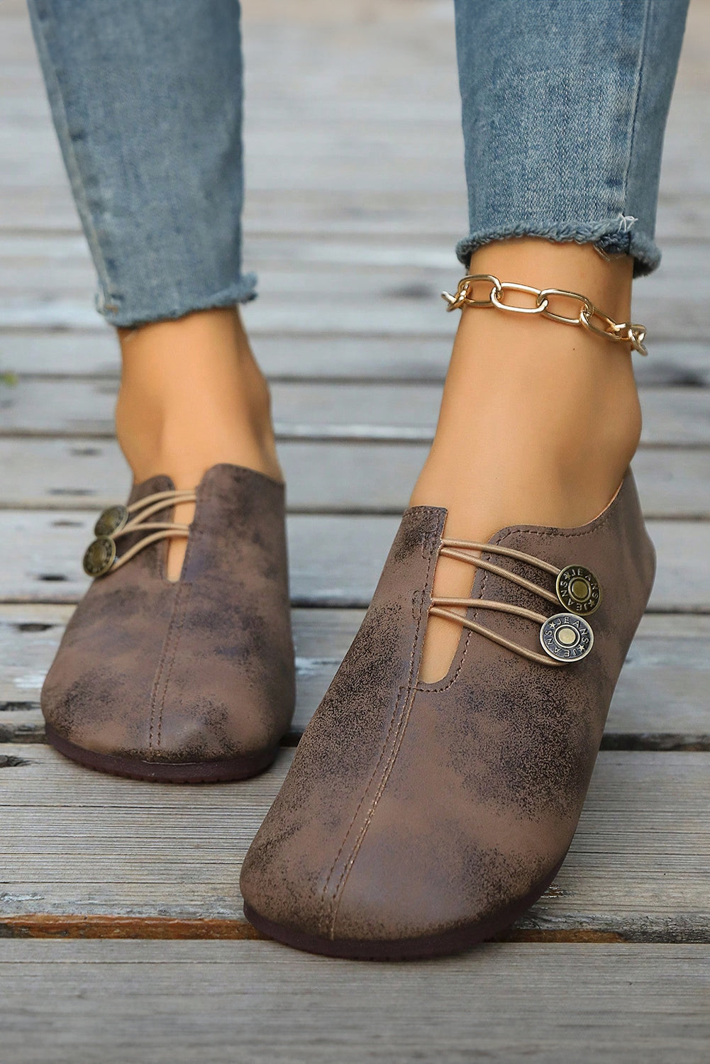 JEANS Boho Button Detail Retro Faux Leather Loafer Shoes