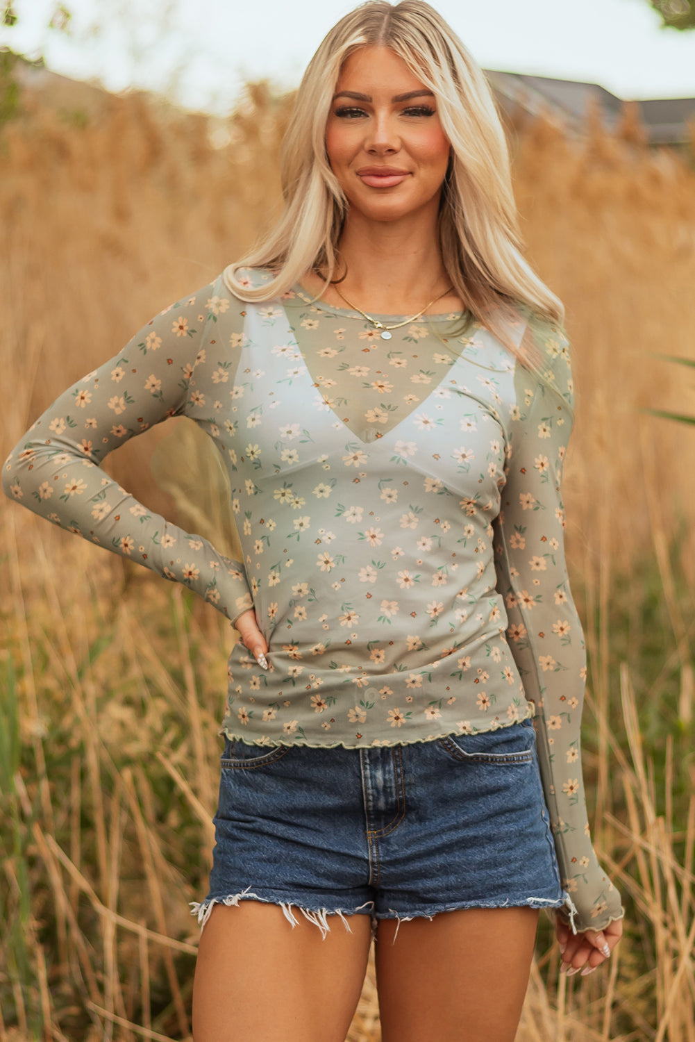 Retro Style Floral-Print Southern Mesh Long-Sleeved Top