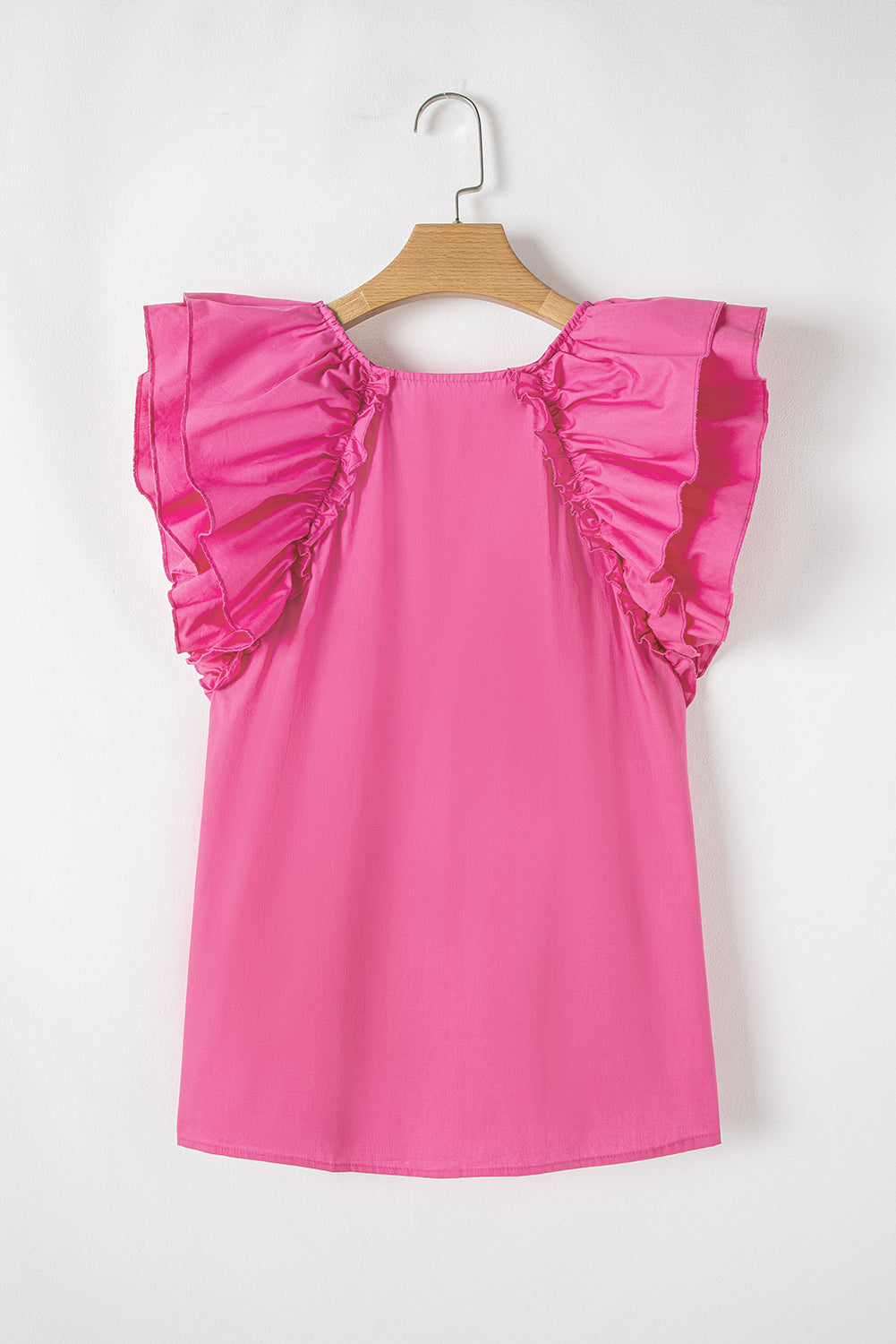 Pink Shirred Yoke Lace up V Neck Ruffled Sleeve Blouse