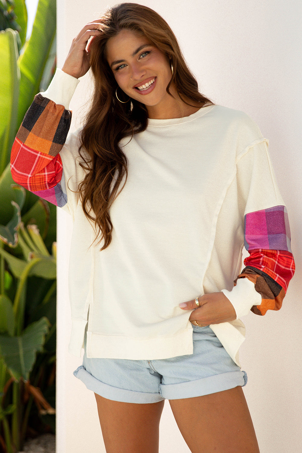 Contrast Plaid Long-Sleeved Exposed Seam Patchwork Top in Beige