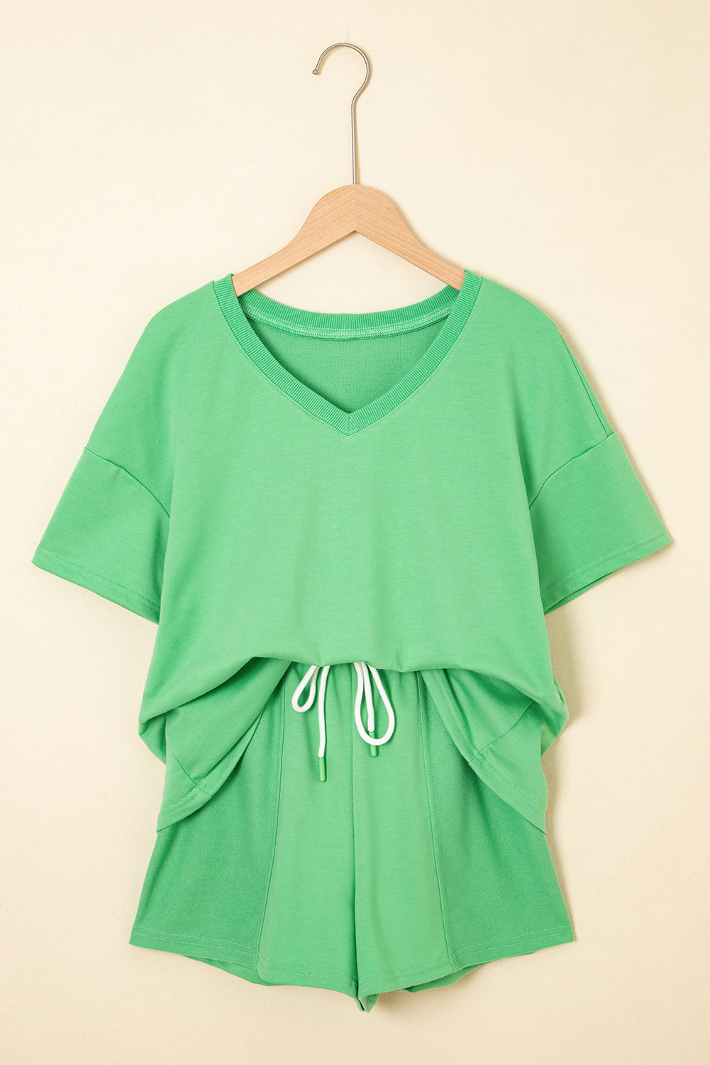 Mint Drop-Shoulder Green V-Neck Tee and Patchwork Drawcord Elastic Waistband Shorts Set