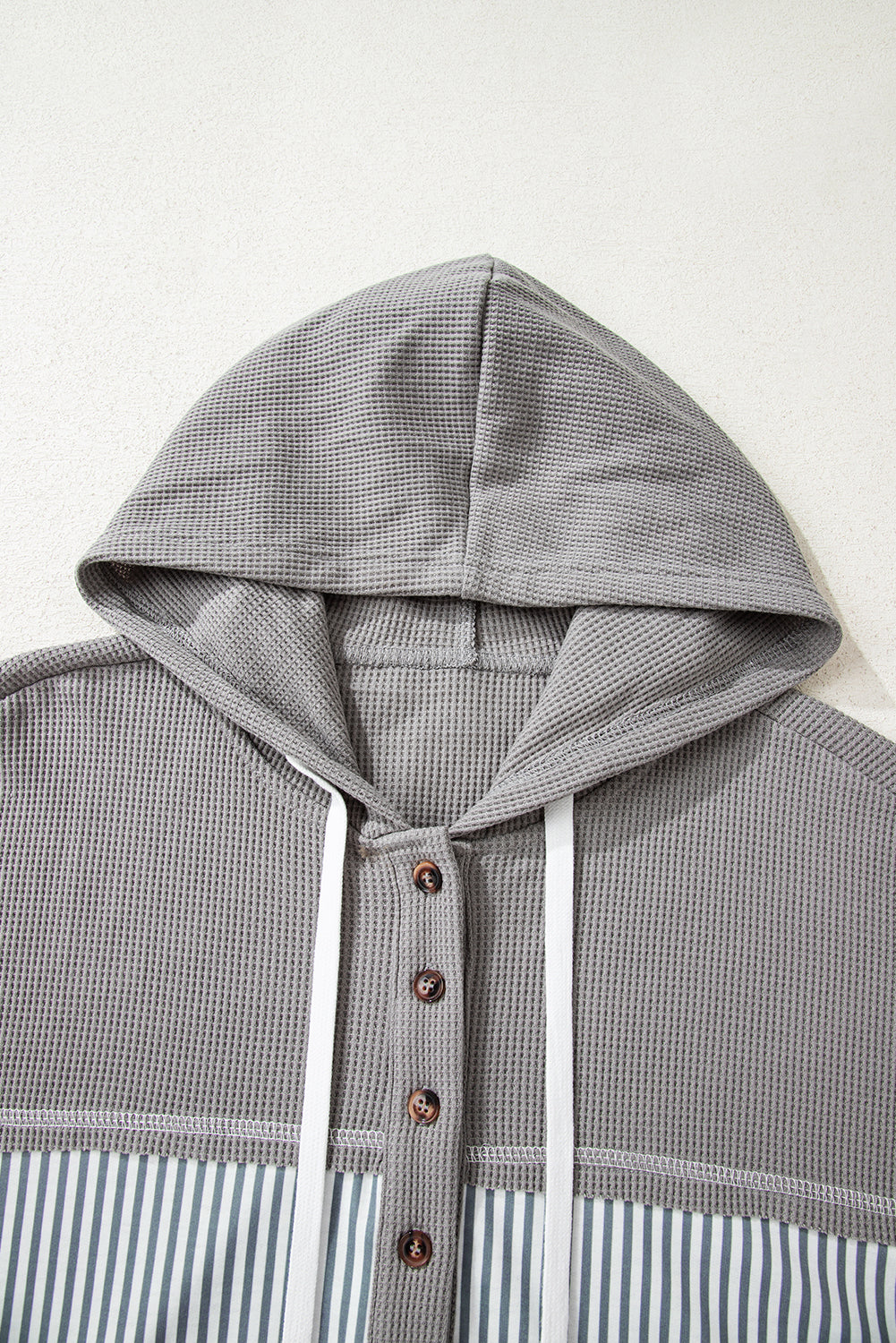 Printed Patchwork Waffle Patchwork Drawcord Hooded Long-Sleeved Top