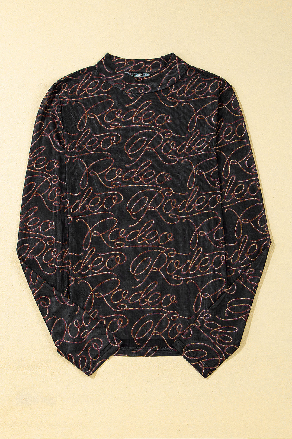 Western Rodeo Printed Mock-Neck Long-Sleeved Mesh Top