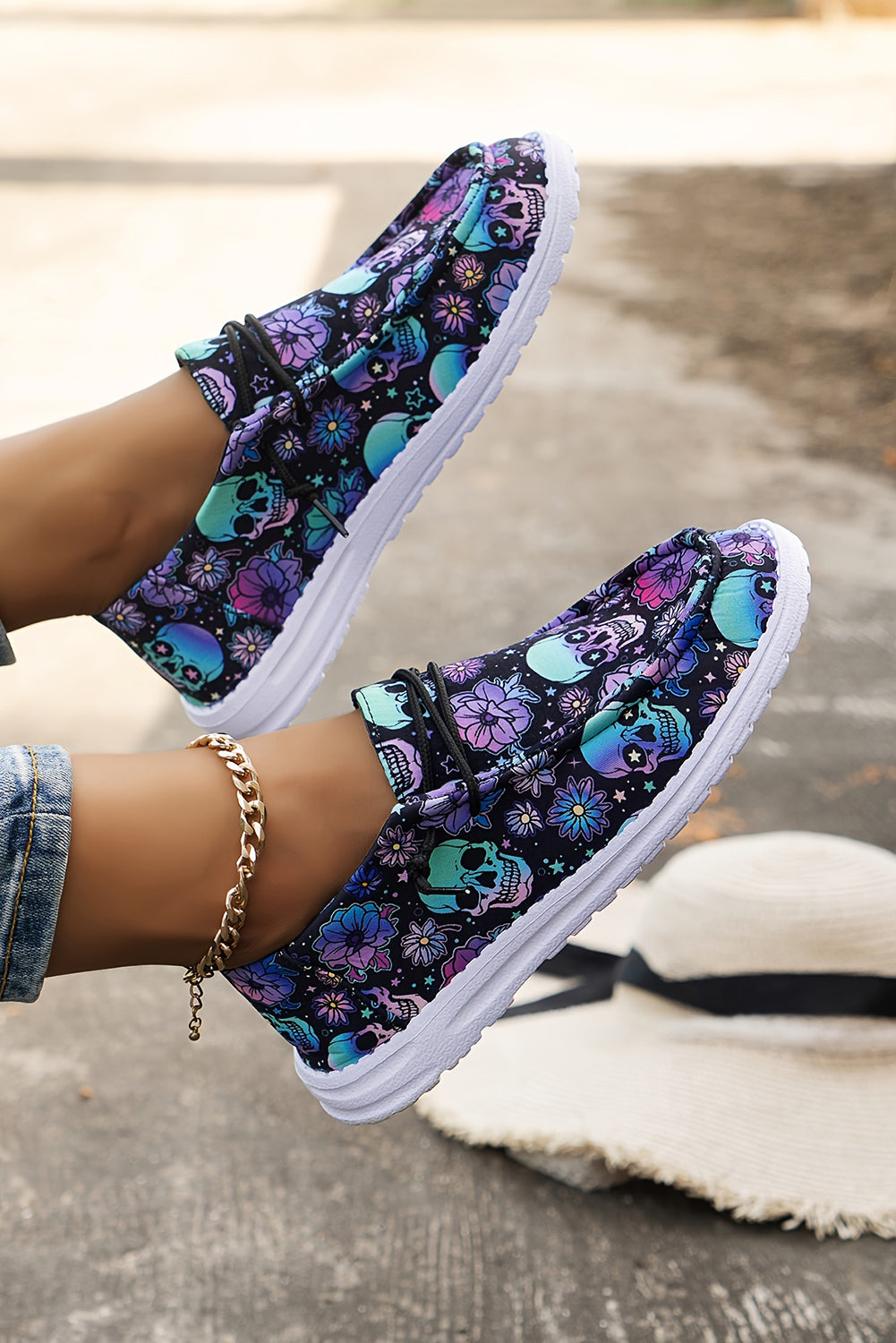 Skull Print Sugar Print Lace-up Detail Halloween Flat Shoes