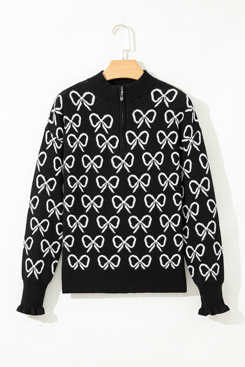 Bow Pattern Cute Pattern Drop-Shoulder Zip Collar Knit Top