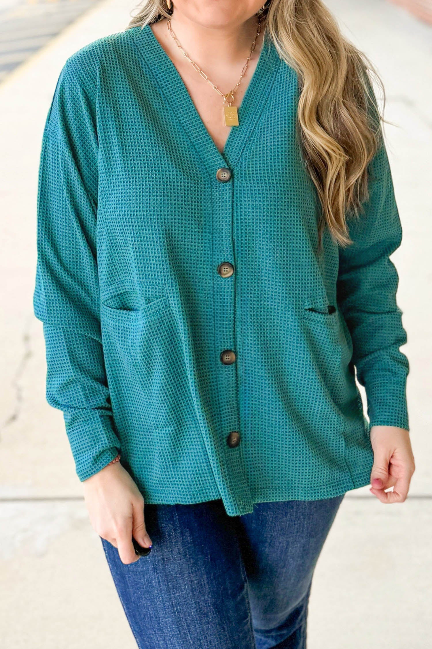 Textured Lapis Waffle Button Front Tunic Plus Size Cardigan