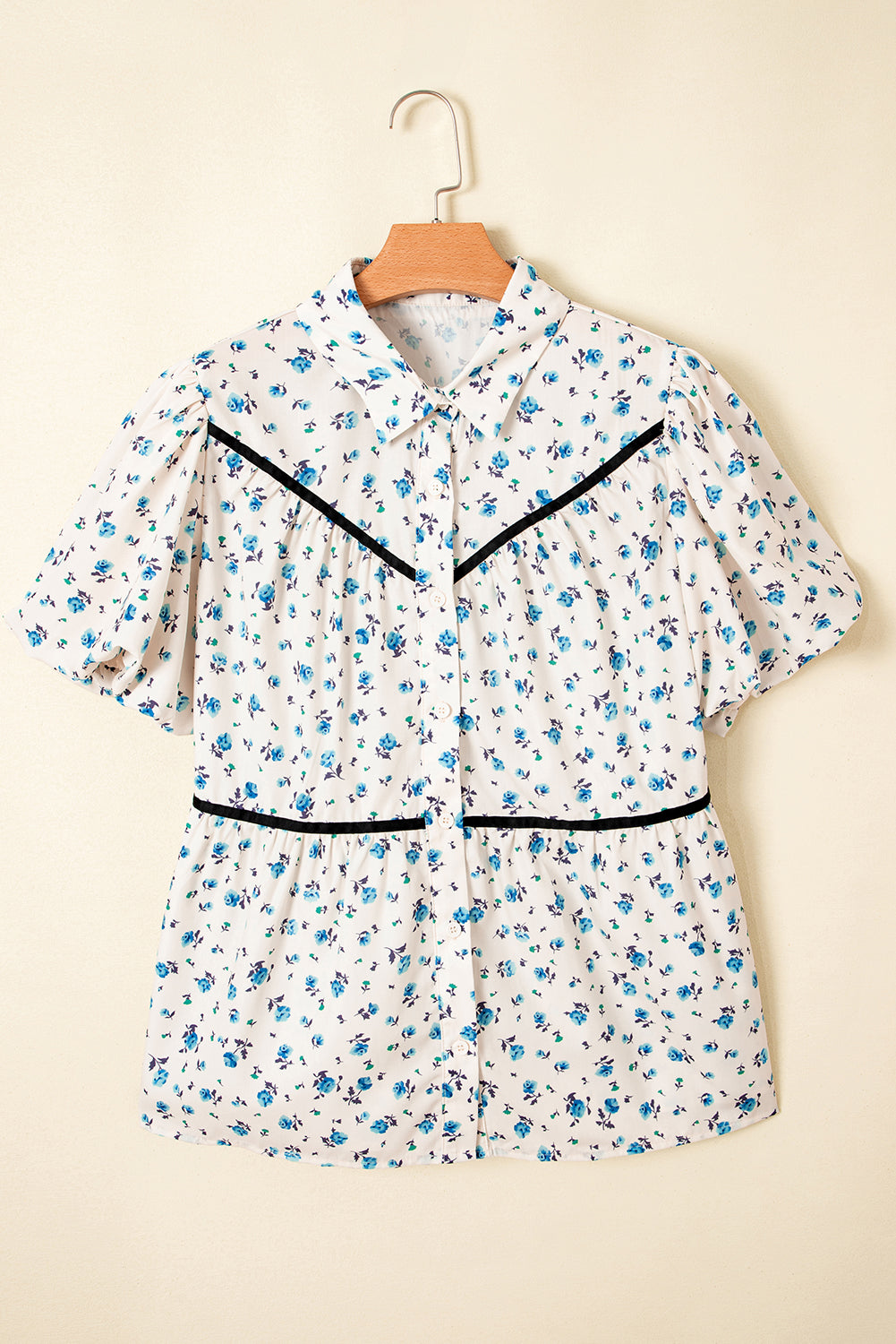 Contrast Puff Trim Floral Short-Sleeved Shirt