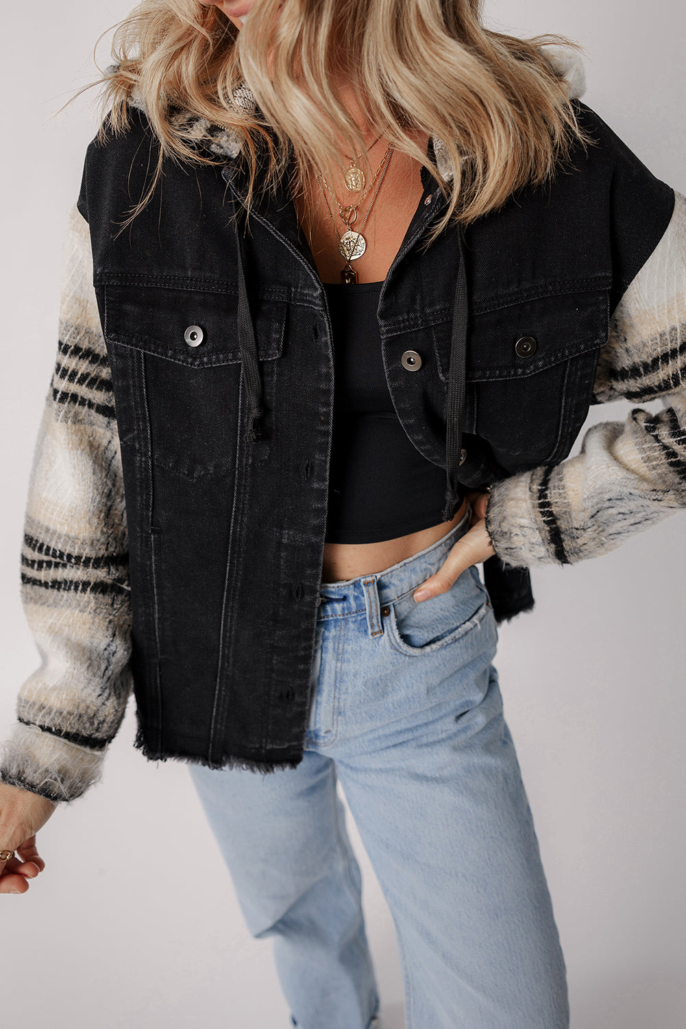 Denim Jacket with Plaid-Patterned Sleeve Frayed Hem Hooded