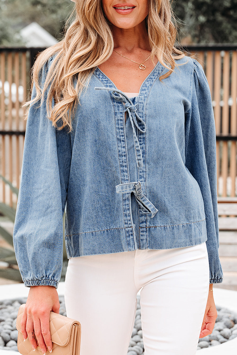 Tied Puff Front Long Sleeve Denim Top