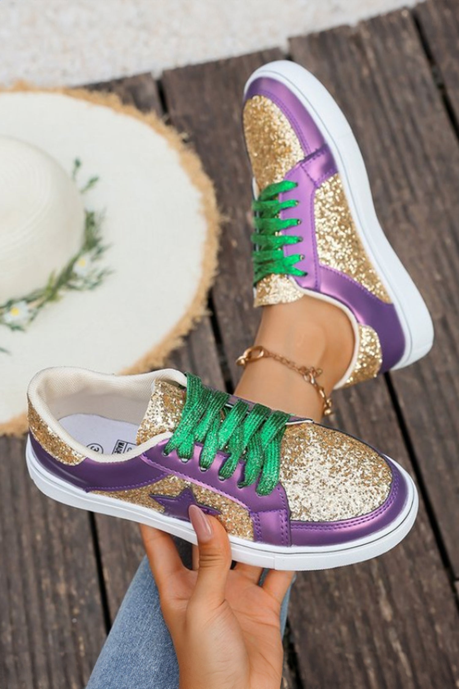 Dearlove Patchwork Glitter Star PU Leather Lace-up Sneakers in Purple