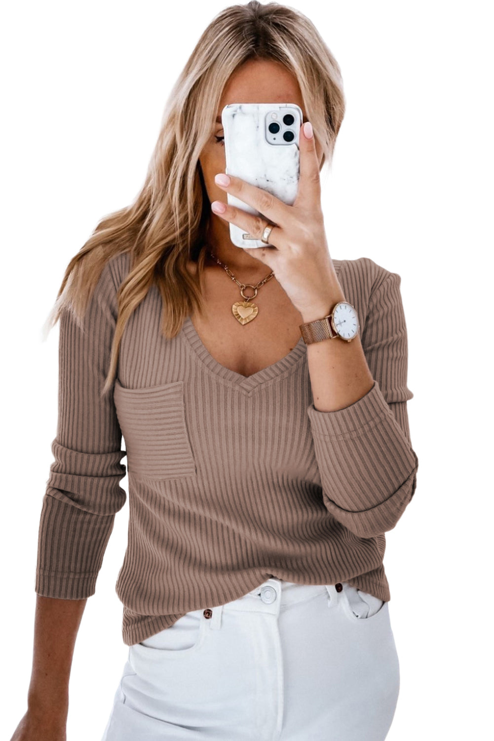 Top for Women Knitted Chest Pocket V Neck