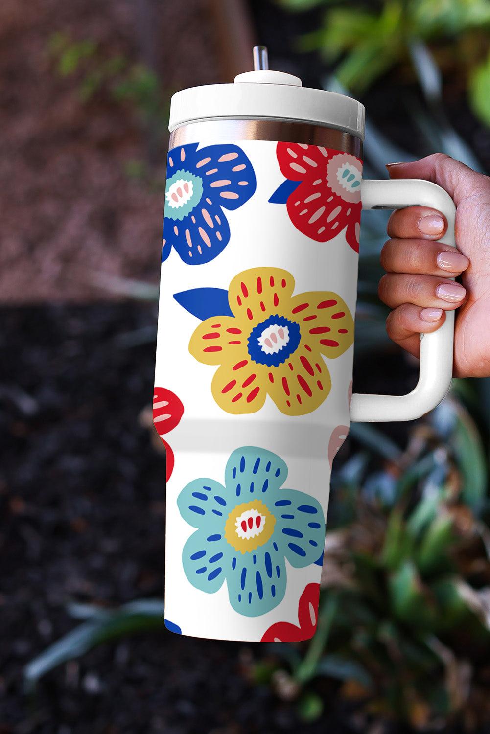 Pattern Stainless Flower Stainless Vacuum Cup with Handle 40oz